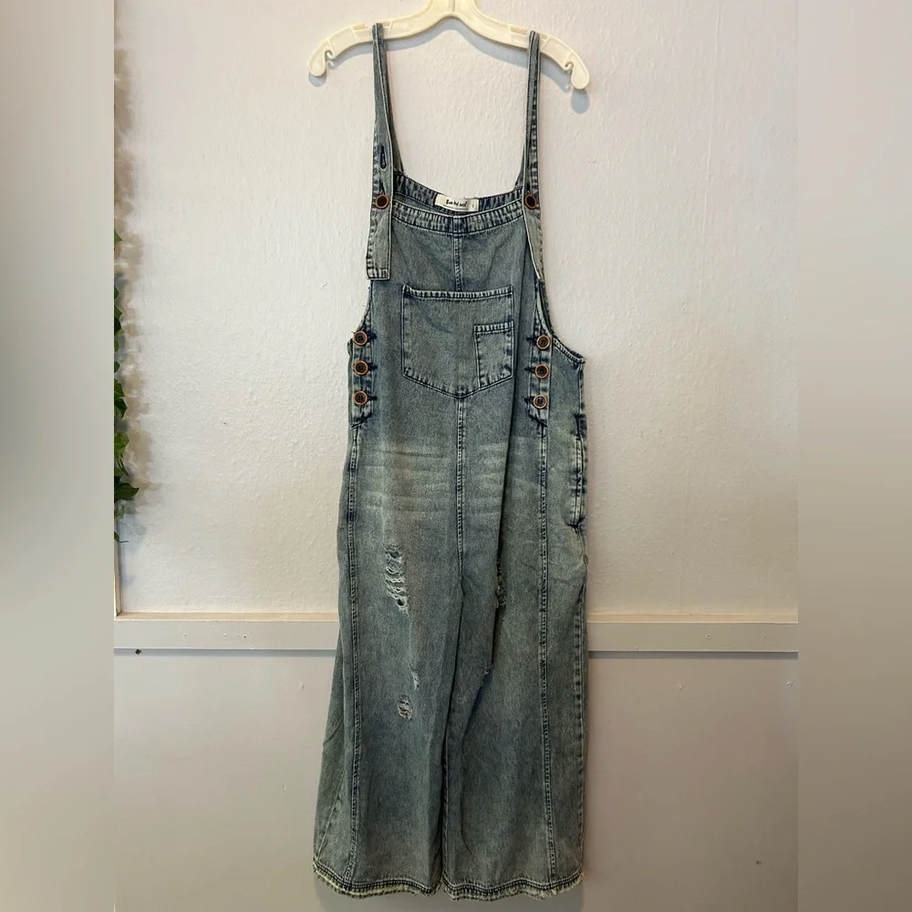 Three Bird Nest Distressed Blue Denim Overalls - Picture 5 of 9